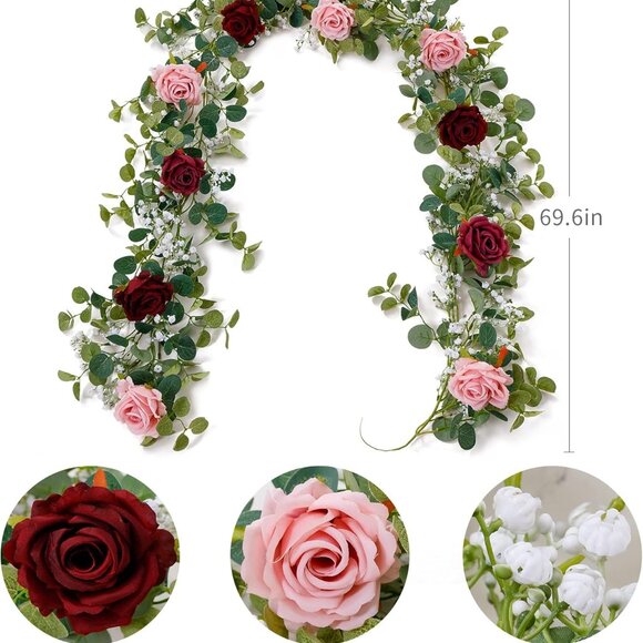 5.91FT Artificial Eucalyptus Garland with Roses and Gypsophila, Faux Floral Garl - Picture 3 of 7